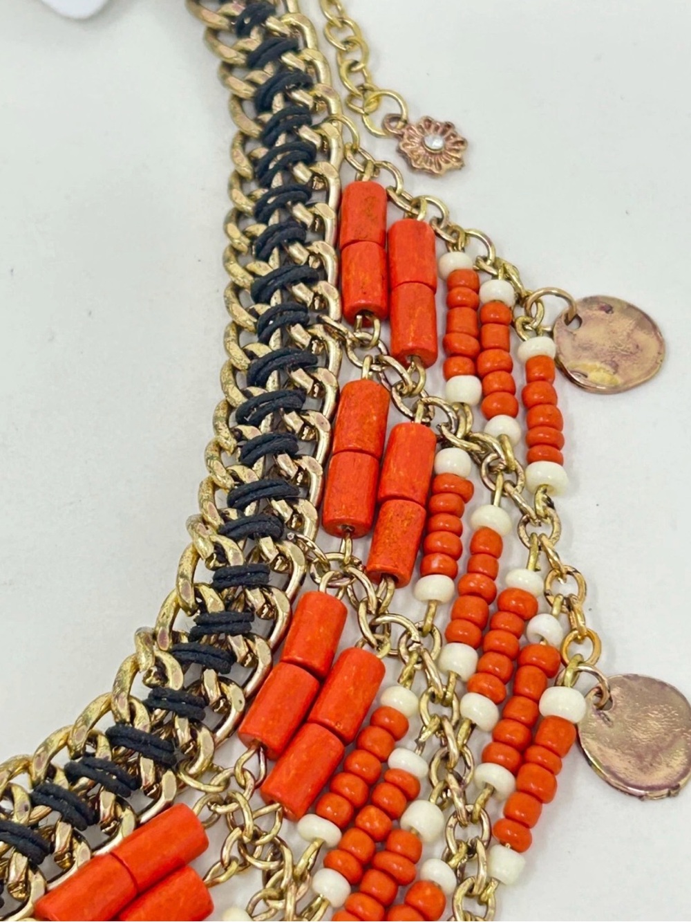 Free People White and Black Beaded Coin Fringe Necklace with Gold Chains FIRM - Picture 3 of 4